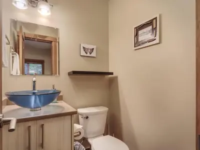 a bathroom with a blue sink and a toilet at Oceanfront view - Pet Friendly - Sleep 8 in Port Renfrew