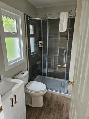 a bathroom with a toilet and a shower at Cozy Rainforest Cottage for 2 - Pet Friendly in Port Renfrew