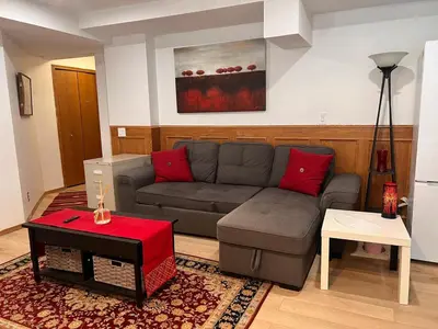 a living room with a gray couch and red pillows at Cozy home in Calgary