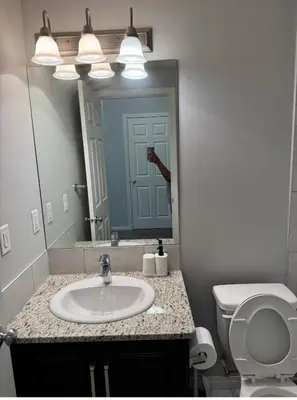 a bathroom with a sink and a toilet and a mirror at Quiet Comfortable 1-Bedroom in Calgary
