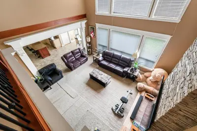 an overhead view of a living room with leather furniture at Cozy Private Space in Richmond with Modern Comforts in Richmond