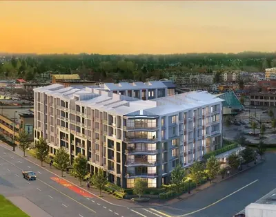 an overhead view of a large apartment building at Modern & Stylish Condo in Langley City in Langley