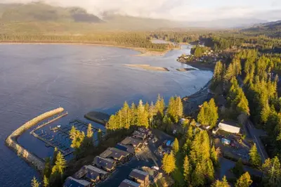 an aerial view of a resort on a lake at JDF Waystation with Bunkhouse - Pet Friendly - sleeps 6 in Port Renfrew