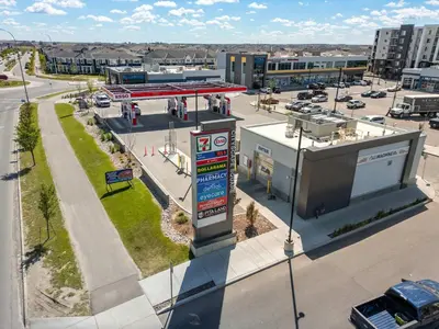 an overhead view of a gas station in a parking lot at Family 3BR Suite w Kid's Play Tent, FREE Banff Pass, Netflix! in Calgary