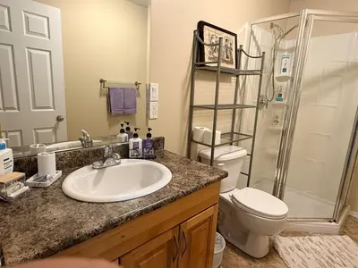 a bathroom with a sink and a shower and a toilet at Gans Home - 5 Bedroom Residence in Lloydminster