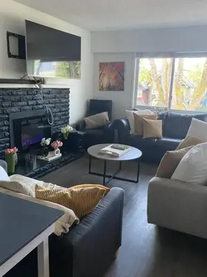 a living room with a couch and a fireplace at Quiet-comfy 4 bedroom house on a tree lined street in Kitsilano in Vancouver