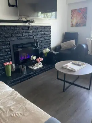 a living room with a couch and a fireplace at Quiet-comfy 4 bedroom house on a tree lined street in Kitsilano in Vancouver