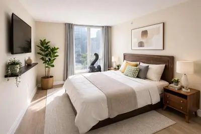 a bedroom with a large bed and a large window at Chic 2BR Tinseltown Condo - Walk to Stadiums in Vancouver