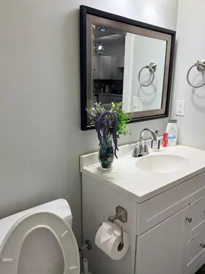 a bathroom with a toilet and a sink and a mirror at Stylish Open Cozy & Contemporary Living Space in Prince George