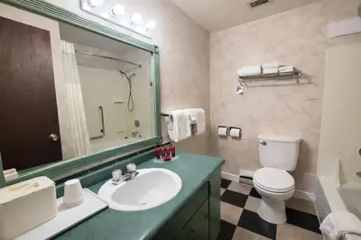 a bathroom with a sink and a toilet and a mirror at Rychter Hotel Hope in Hope