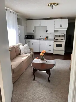 a living room with a couch and a table at Cozy Country Cabin in Lacombe