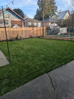 a backyard with a fence and a yard withgrass at Private room in Chic Main St suite in Vancouver