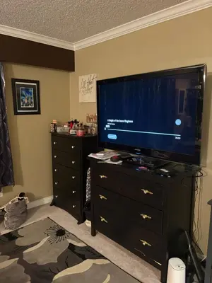 a living room with a television on a dresser at Oasis in Surrey