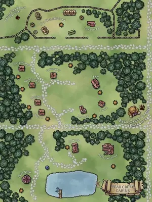 a map of a game with a town and buildings at The Mustang Cabin - Bear Creek Cabins in Winfield