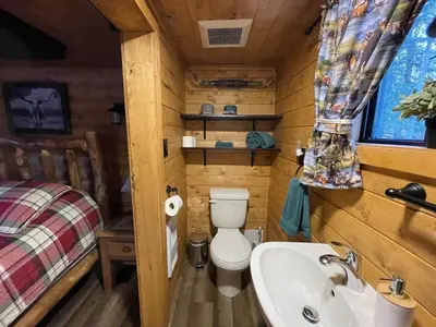 a bathroom with a toilet and a sink in a cabin at The Longhorn cabin - Bear Creek Cabins in Winfield