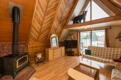 a living room with a fireplace and a cat sitting on the roof at The Papa Bear Cabin - Bear Creek Cabins in Winfield