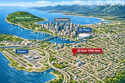 a rendering of a city with a river and mountains at Fabulous Modern Home Near Downtown Vancouver in Vancouver