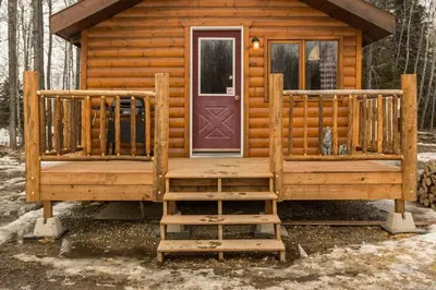a cabin in the woods with a door and stairs at The Wolf Cabin - Bear Creek Cabins in Winfield