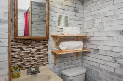 a bathroom with a sink and a toilet and a mirror at The Wolf Cabin - Bear Creek Cabins in Winfield