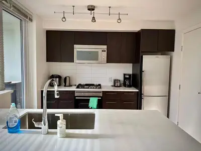 a kitchen with a sink and a refrigerator at Pleasant and convenient 1B1B close to Richmond Center in Richmond