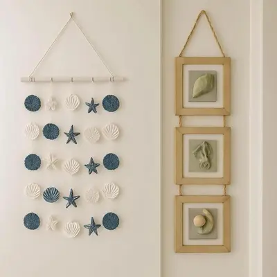 a shelf with seashells and pictures on a wall at Poolside Shared Suite - Private Queen Room with Heated Pool in Victoria