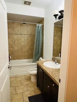 a bathroom with a sink and a toilet and a tub at 2 Bedroom plus den 2 Bathroom apartment in Surrey