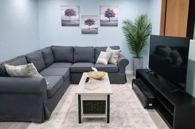 a living room with a couch and a tv at Home Basement, Friendly Family in Calgary