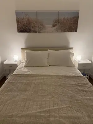 a bedroom with a bed with two nightstands and a picture of the beach at Private 1BR, AC, Strong Wi-Fi, Netflix and Amazon Prime in Victoria