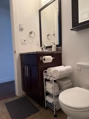 a bathroom with a toilet and a sink and a mirror at Private 1BR, AC, Strong Wi-Fi, Netflix and Amazon Prime in Victoria
