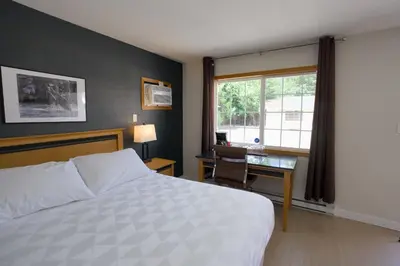 a bedroom with a bed and a desk and a window at Park Motel in Hope