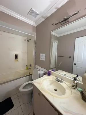 a bathroom with a sink and a toilet and a mirror at Surrey-Delta Urban Stay - Walk to Transit & Shopping in Surrey