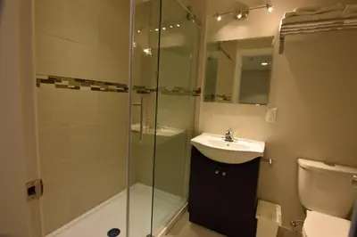 a bathroom with a glass shower and a sink at The Lion Inn & Suites in Chetwynd