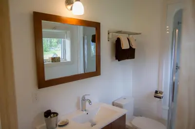 a bathroom with a sink and a mirror and a toilet at Southern Lakes Resort in Tagish