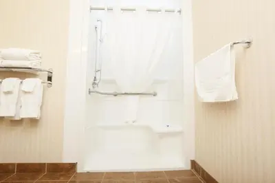 a bathroom with a tub and a shower with towels at Pomeroy Inn and Suites Vermilion in Vermilion