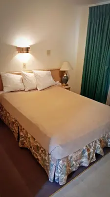 a bedroom with a large bed with a green curtain at Badlands Motel in Drumheller