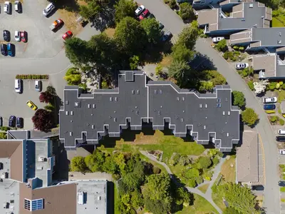an aerial view of a castle in a city at Pacific Shores Resort & Spa in Nanoose Bay