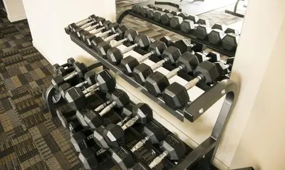a row of dumbbells on display in a gym at Howe Street Apartment with Views in Vancouver