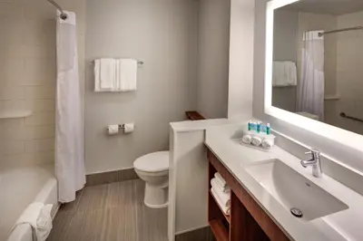 a bathroom with a sink and a toilet and a mirror at Holiday Inn Express & Suites Terrace by IHG in Terrace