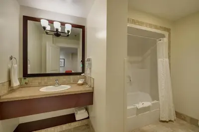 a bathroom with a sink and a shower and a mirror at Strathcona Hotel in Victoria