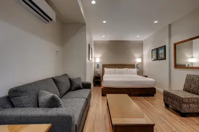 a living room with a couch and a bed at Strathcona Hotel in Victoria