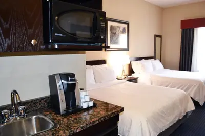 a hotel room with two beds and a sink at Holiday Inn Express Hotel & Suites Edson by IHG in Edson
