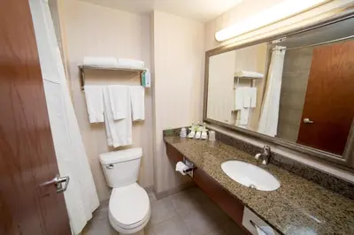 a bathroom with a toilet and a sink and a mirror at Holiday Inn Express & Suites Drayton Valley by IHG in Drayton Valley