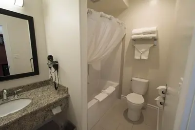 a bathroom with a sink and a toilet and a mirror at Nova Inn Manning in Manning