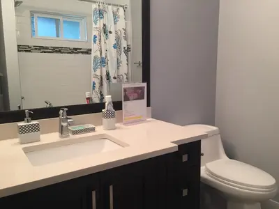 a bathroom with a sink and a toilet and a mirror at Vancouver Austin Guesthouse in Coquitlam