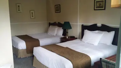 a hotel room with two beds with white sheets at AppleTree Inn in Radium Hot Springs