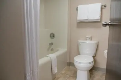 a bathroom with a toilet and a tub and a shower at The Rundlestone Lodge in Banff