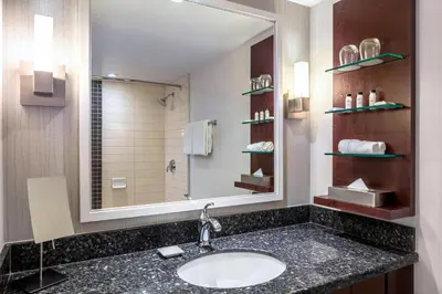 a bathroom with a sink and a large mirror at Delta Hotels by Marriott Burnaby Conference Centre in Burnaby