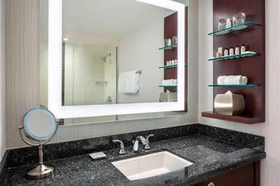 a bathroom with a sink and a mirror at Delta Hotels by Marriott Burnaby Conference Centre in Burnaby