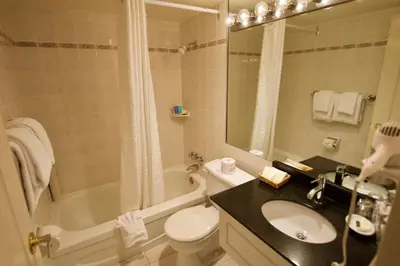 a bathroom with a sink and a toilet and a tub at Century Plaza Hotel in Vancouver