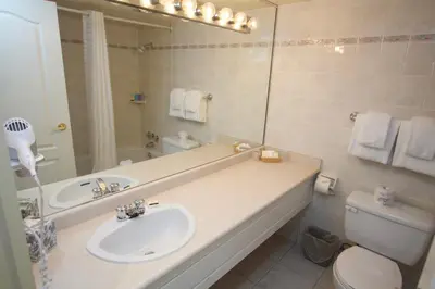 a bathroom with a sink and a toilet and a mirror at Century Plaza Hotel in Vancouver